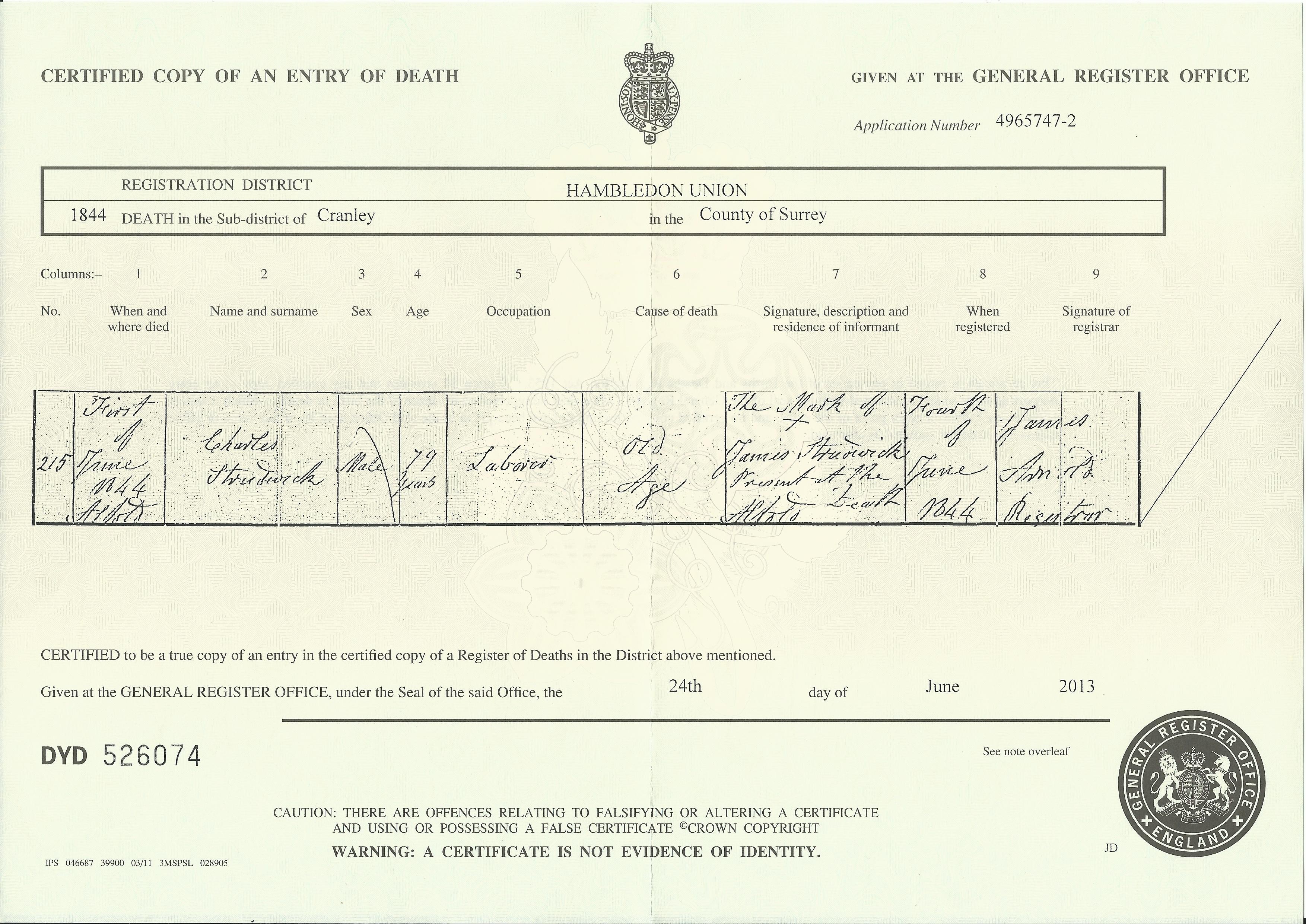 Charles Strudwick death certificate 1844